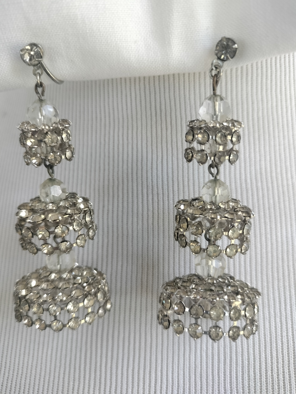 Tiered Chandelier Crystal Screw Back Earrings Vintage Rare Art Deco Silver